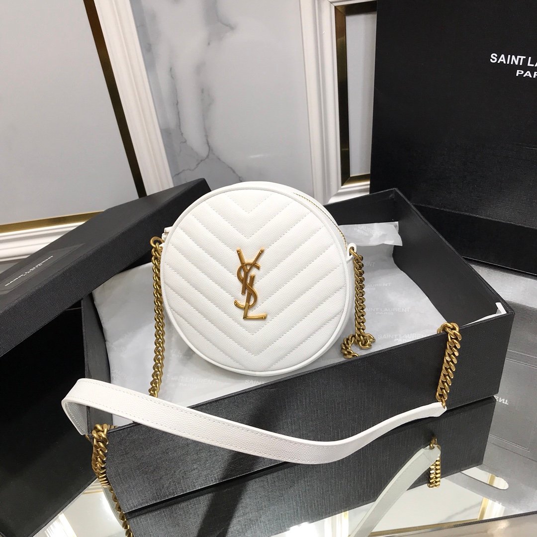 [YSL] 610436 화이트 바이닐 VINYLE 브론즈 메탈 라운드 카메라백