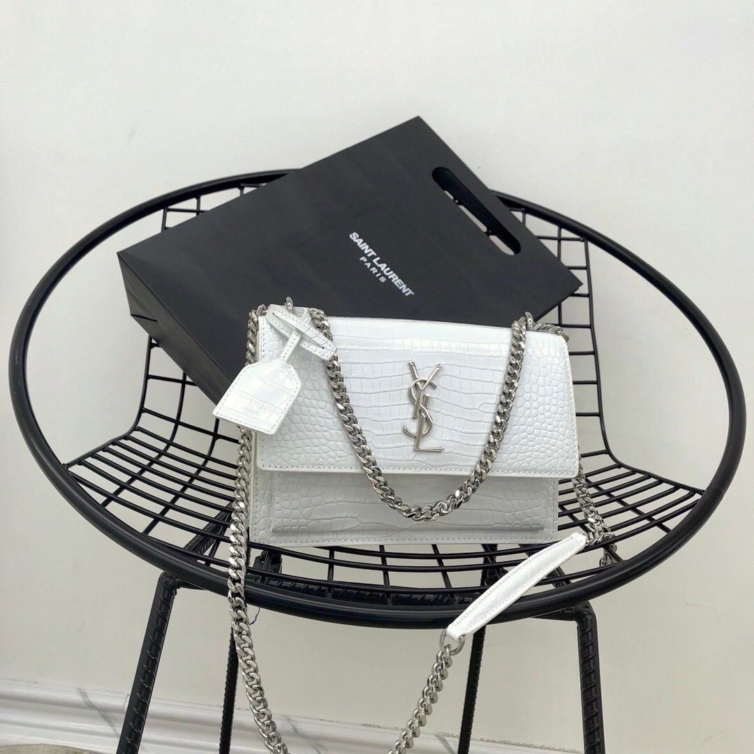 [YSL] 크로커다일 엠보스드 샤이니 가죽 미듐 선셋백
