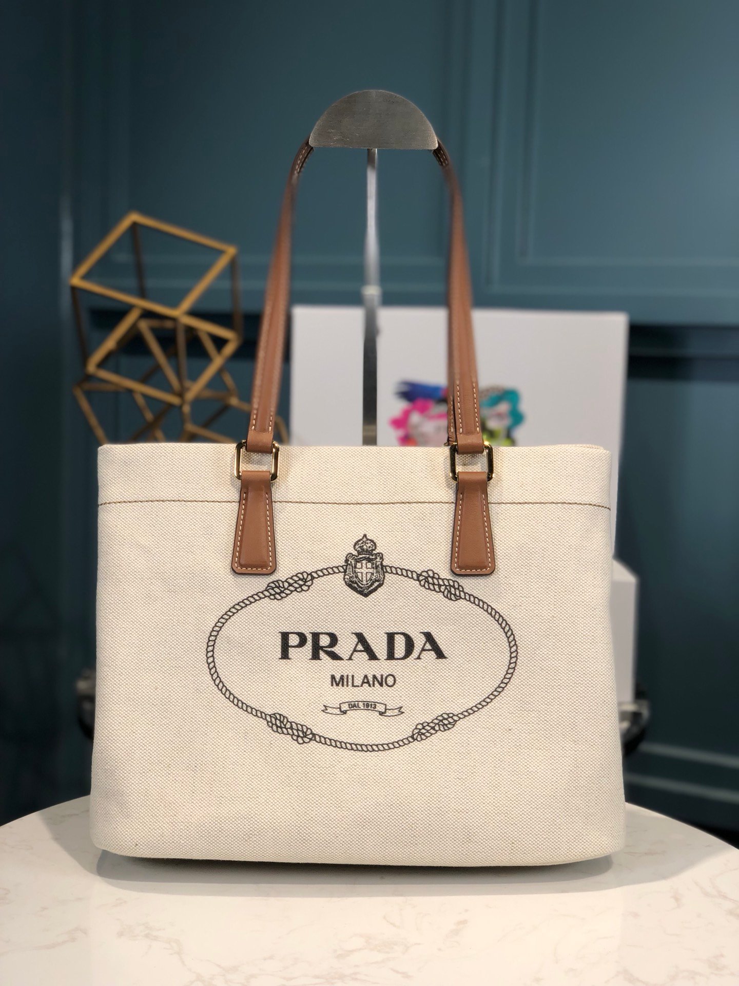 [PRADA] 스몰 로고 린넨 토트백