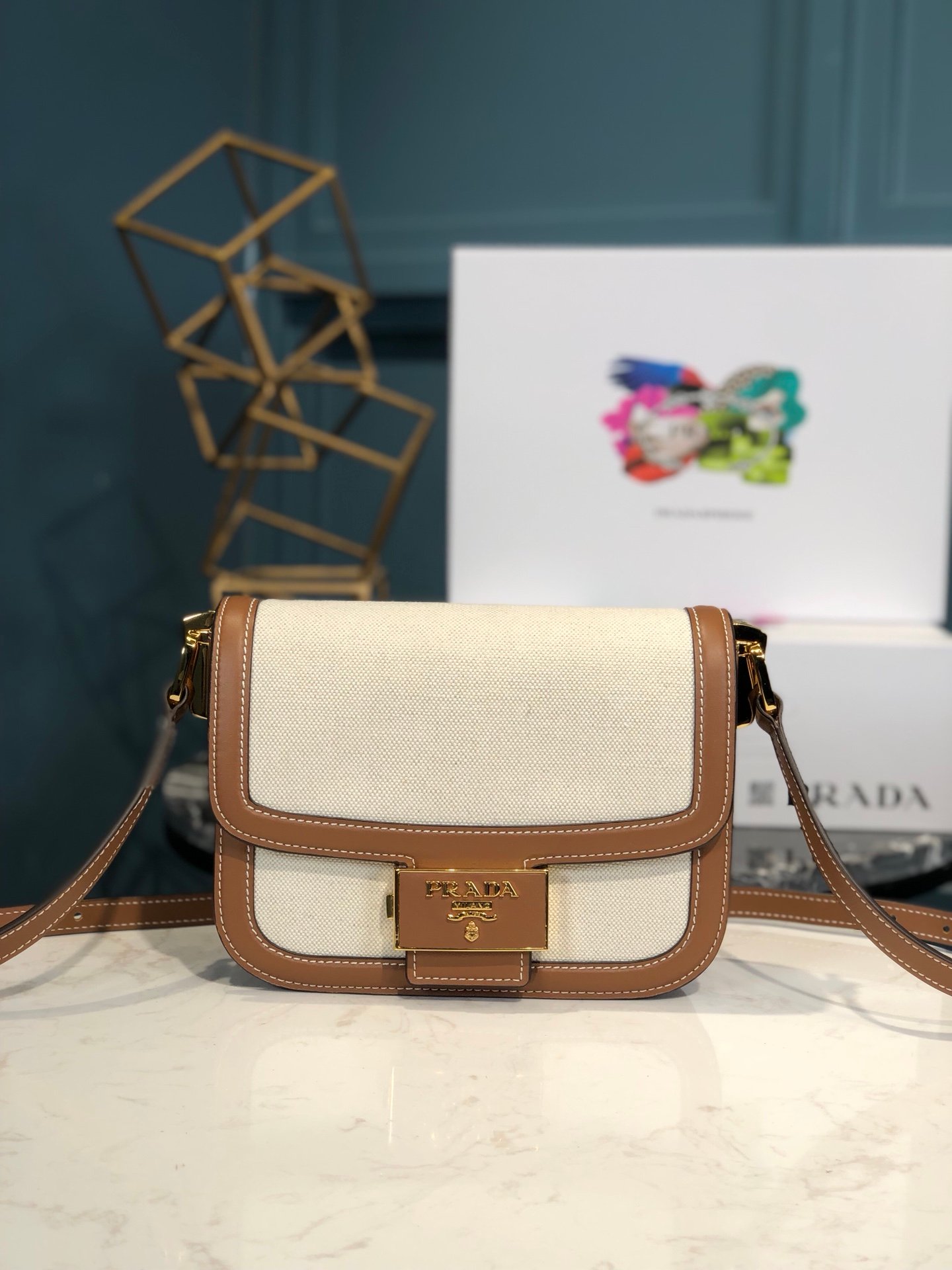 [PRADA] 리넨 블랜드 앤 가죽 숄더백