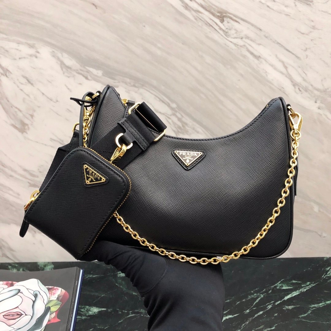 [PRADA/블랙프레임] 프라다 리에디션 사피아노 가죽 체인 호보백