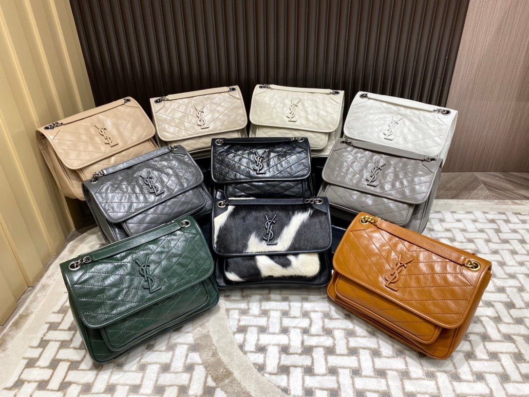 [YSL/OC/오렌지쇼파] 크링클드 퀼티드 가죽 미듐 니키 체인백